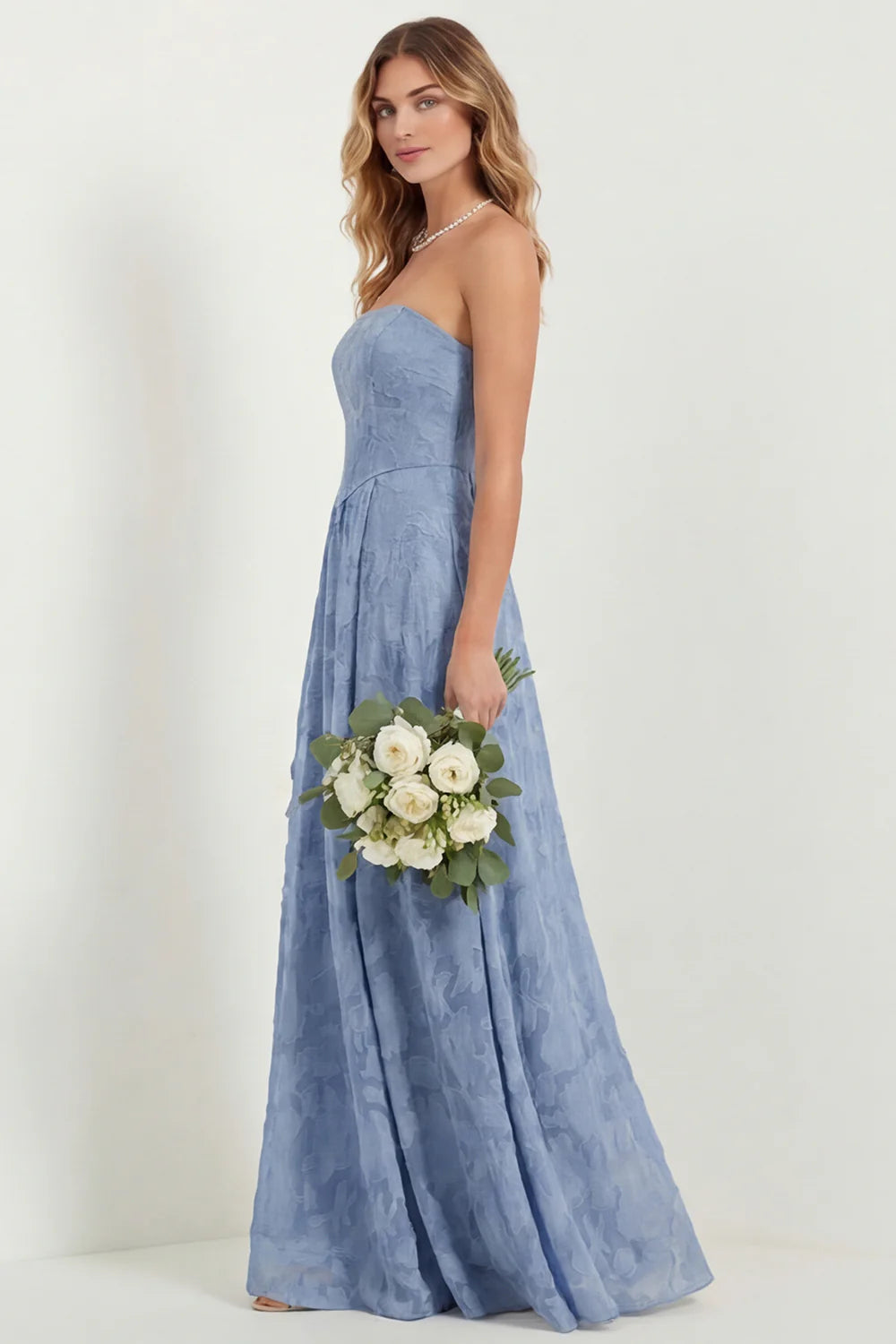 Green Flower A Line Strapless Long Bridesmaid Dress