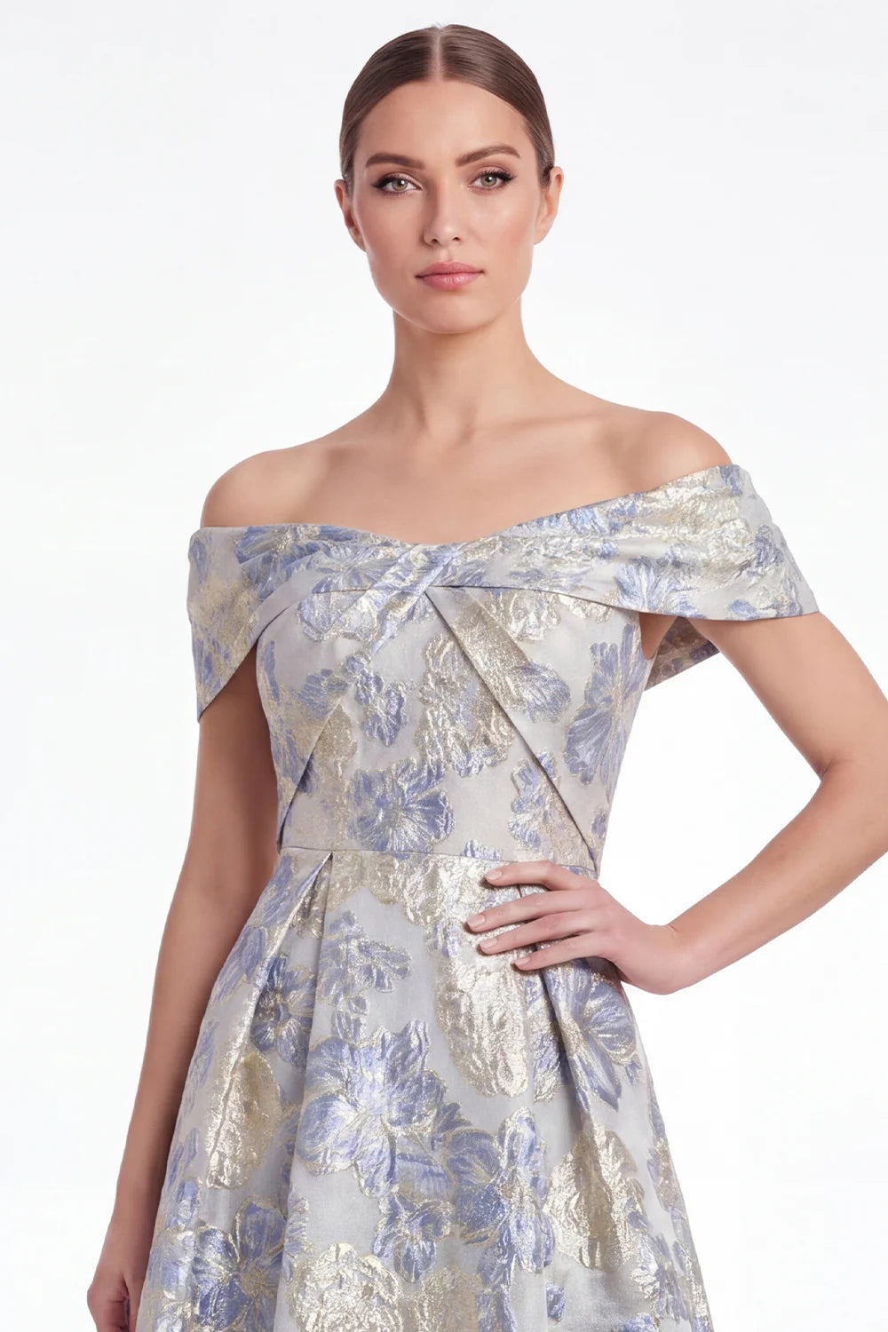 Off the Shoulder A Line Blue Floral Jacquard Mother of the Bride Dress