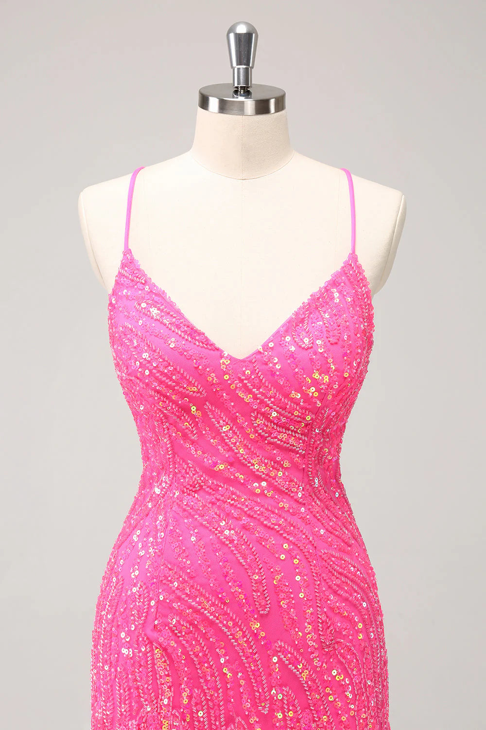 Unique Glitter Hot Pink Spaghetti Straps Sequin Tight Homecoming Dress with Tassel