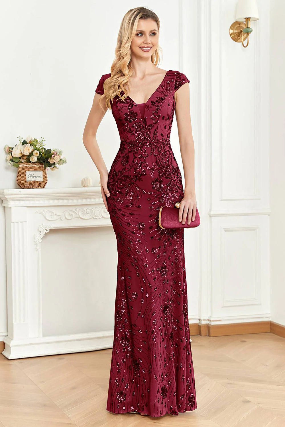 Sparkly Golden Sheath V Neck Long Formal Dress with Beading