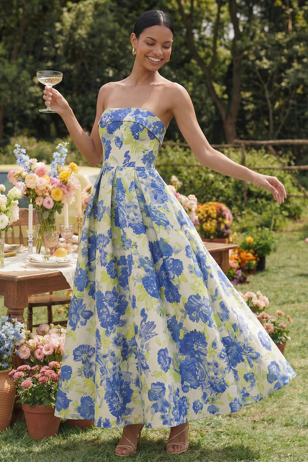 Floral Blue Strapless A Line Wedding Guest Dress