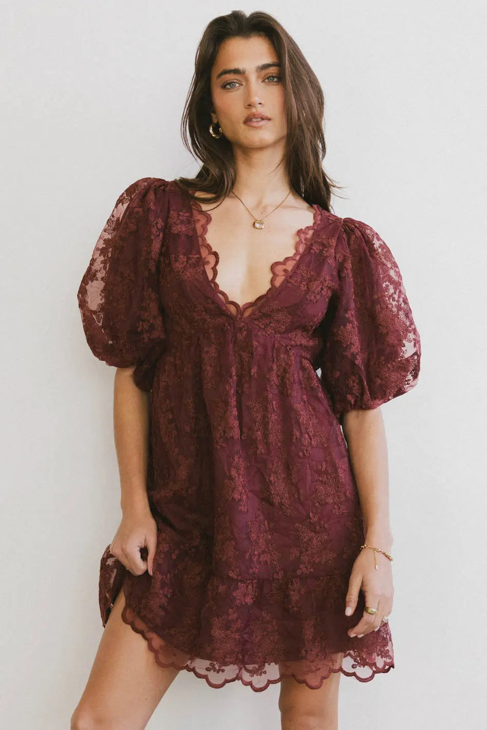 Tiana Embroidered Mini Dress in Red Brown FINAL SALE