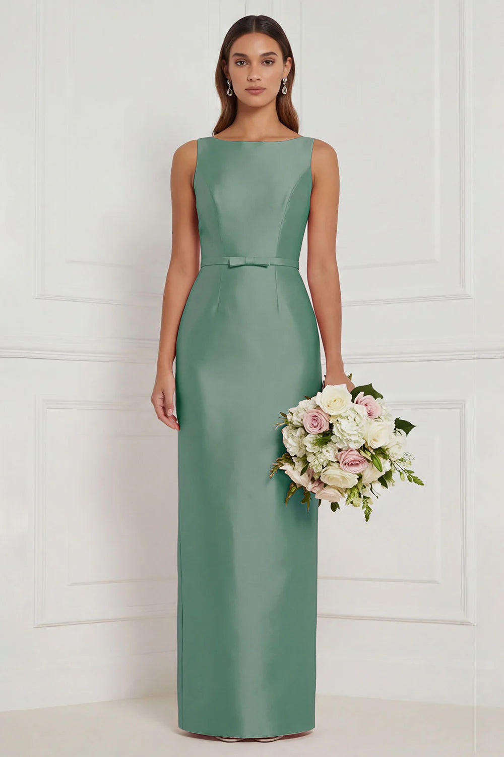 Sage Green Sheath Bateau Neck Satin Bridesmaid Dress