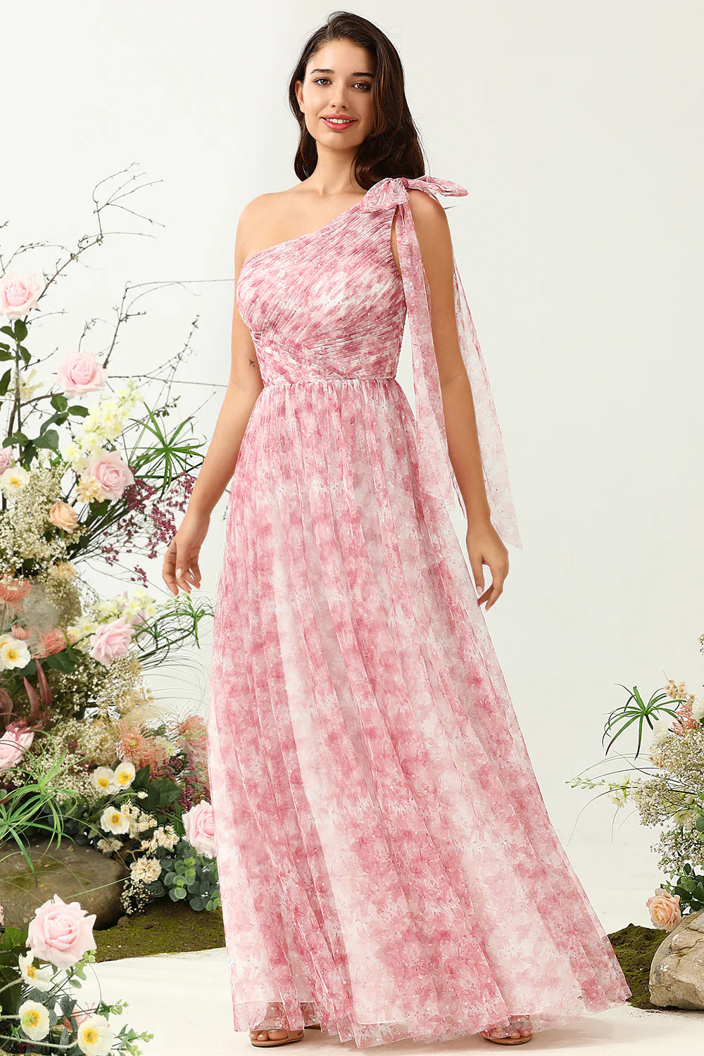 Red A Line One Shoulder Print Ruched Tulle Bridesmaid Dress