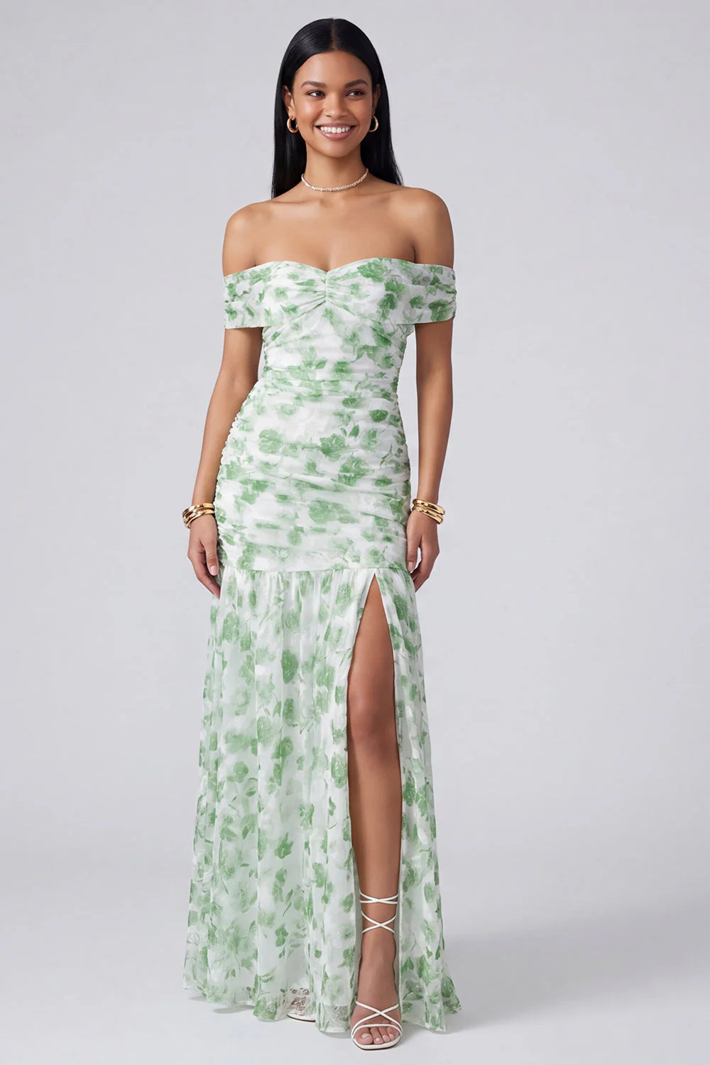 Off the Shoulder Ruched Light Blue Floral Maxi Dress with Slit