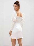 White Satin Short Wedding Dress with Puff Sleeves