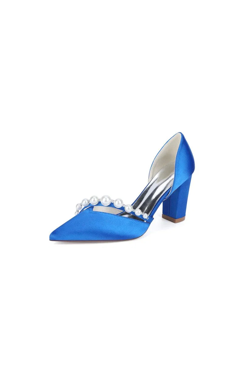 White Satin High Heels with Pearl Embellishments