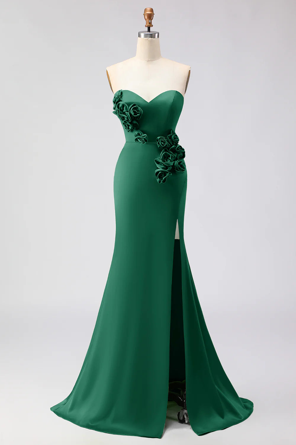Green Strapless Mermaid 3D Flower Satin Long Prom Dress with Slit