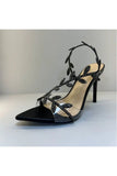 Black Slingback Open Toe Stiletto High Heels with Rhinestones