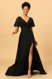 Black A Line V Neck Long Chiffon Floor Length Dress with Slit