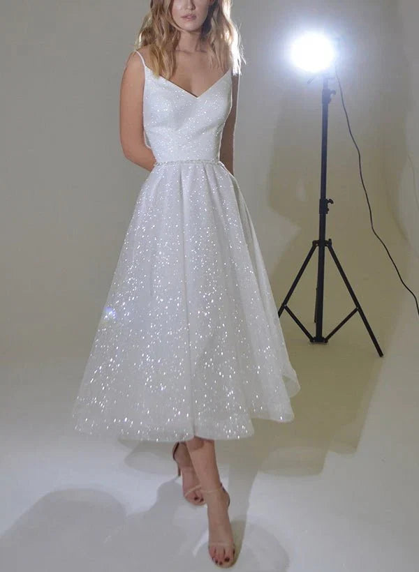 Shiny A Line V Neck Sleeveless Little White Sequined Wedding Dresses