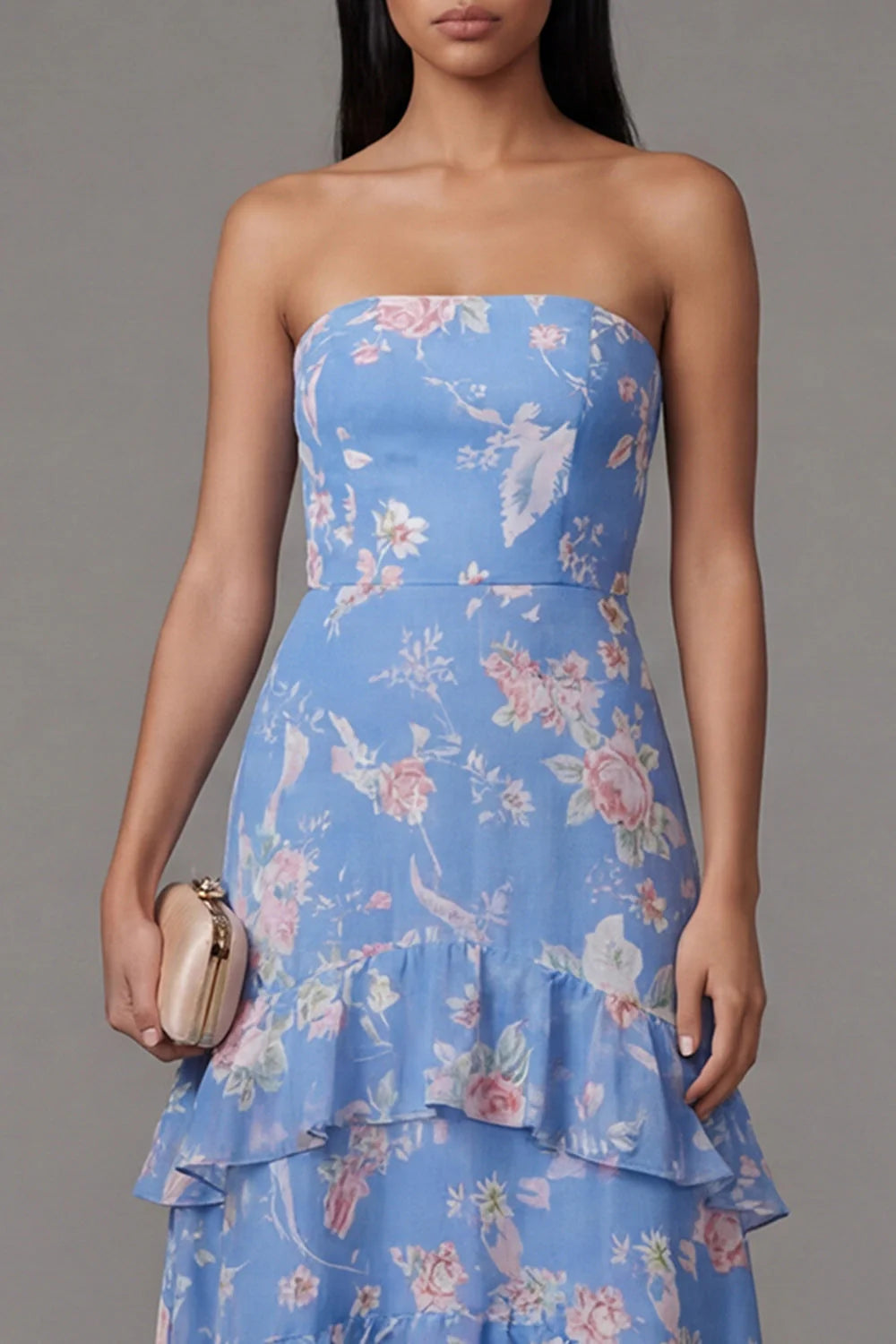Floral Blue Strapless Tiered A Line Wedding Guest Dress