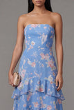 Floral Blue Strapless Tiered A Line Wedding Guest Dress