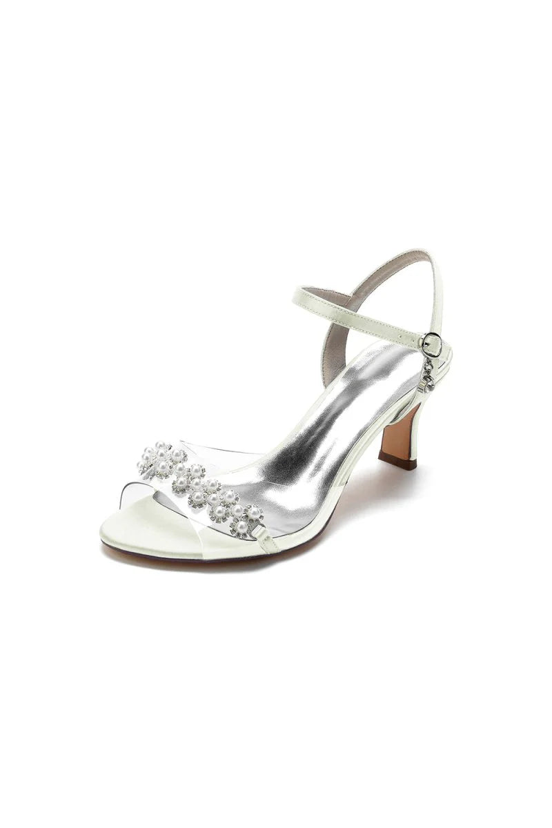 Pearl Open Toe Buckle Strap Chunky Heels