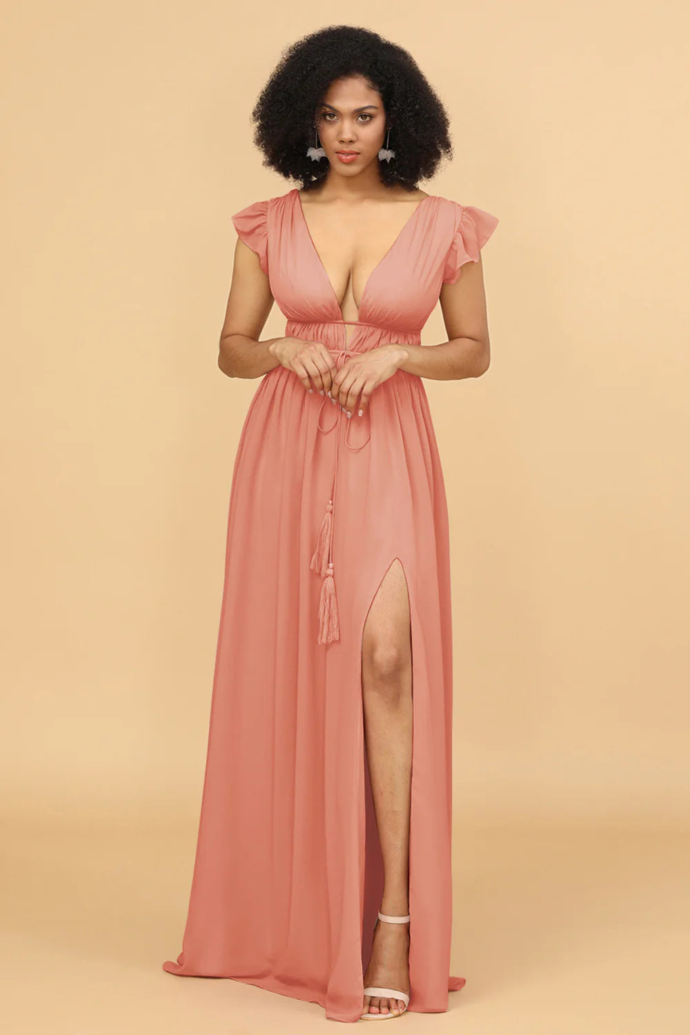 A Line Deep V Neck Long Chiffon Bridesmaid Dress with Slit