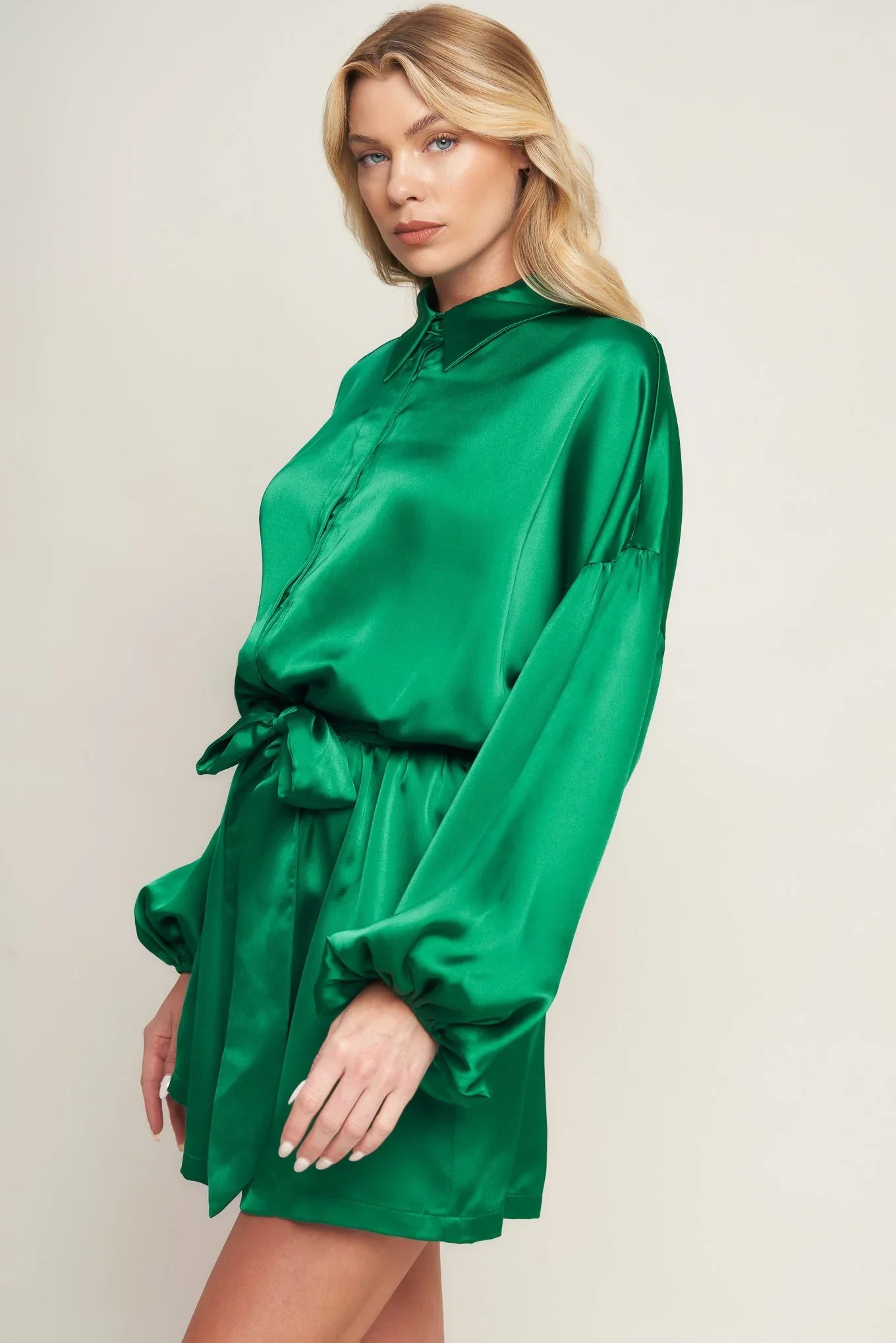 CELEBRATION TIME GREEN SATIN ROMPER WITH LONG SLEEVES FINAL SALE