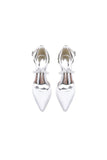 White Satin Pump with Cross Strap and Metal Accent