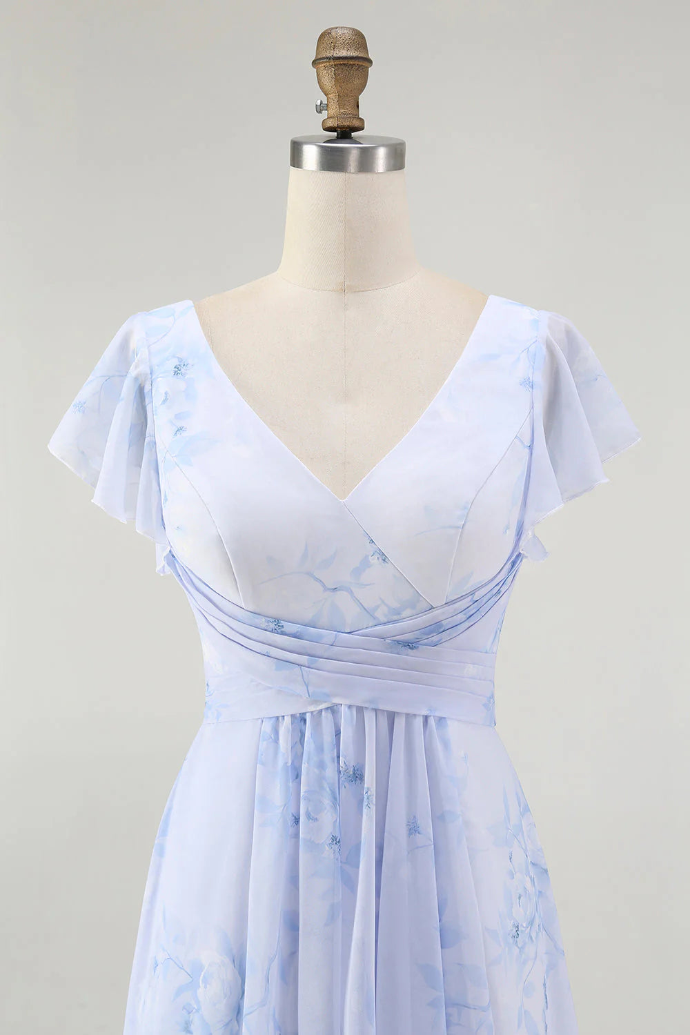 Blue Floral A Line V Neck Backless Long Bridesmaid Dress with Slit