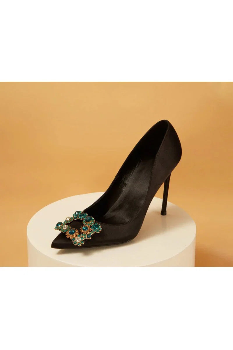 Navy Wedding Satin Pointed Toe Rhinestones Buckle Stiletto Heel Pumps