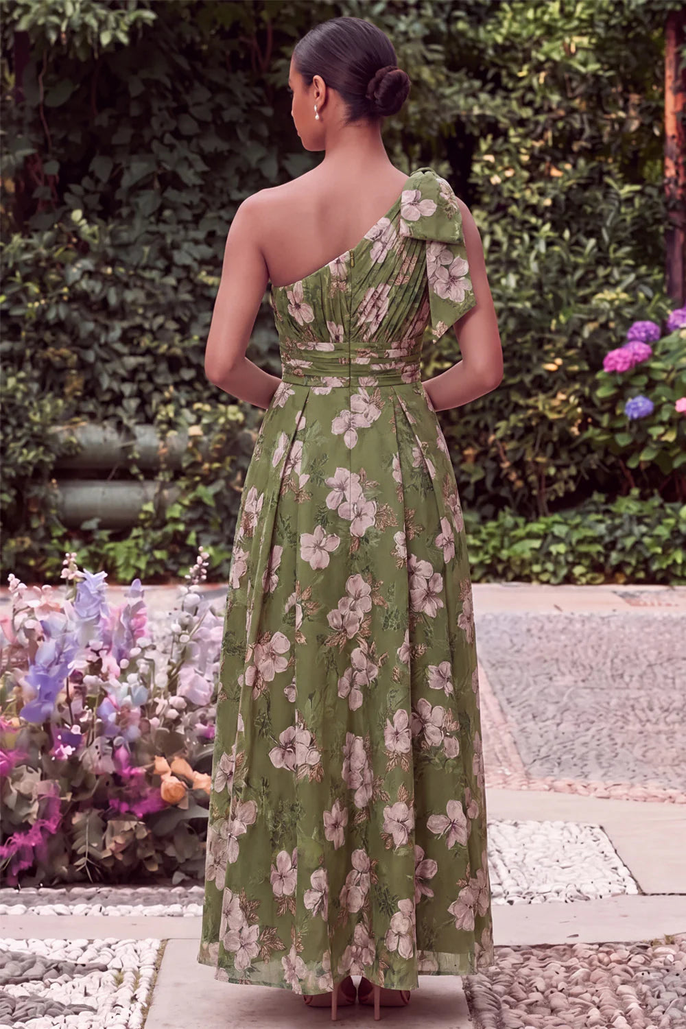 One Shoulder Sage Flower A Line Wedding Guest Dress with Bow
