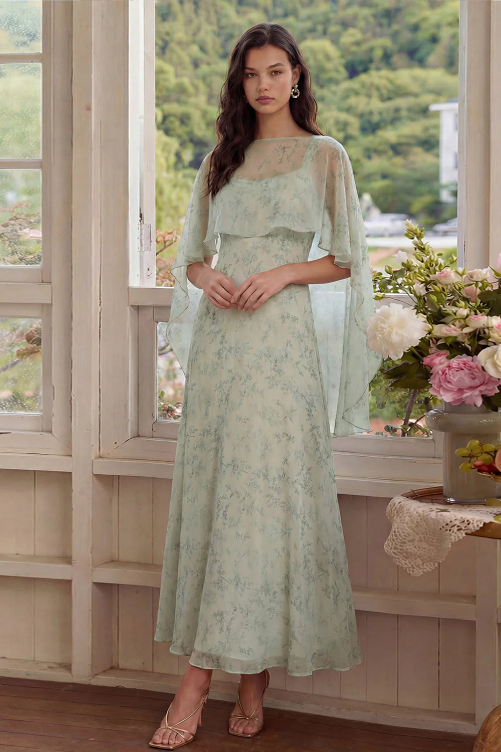 Dusty Sage Floral 2 Piece Chiffon A Line Wedding Guest Dress with Cape