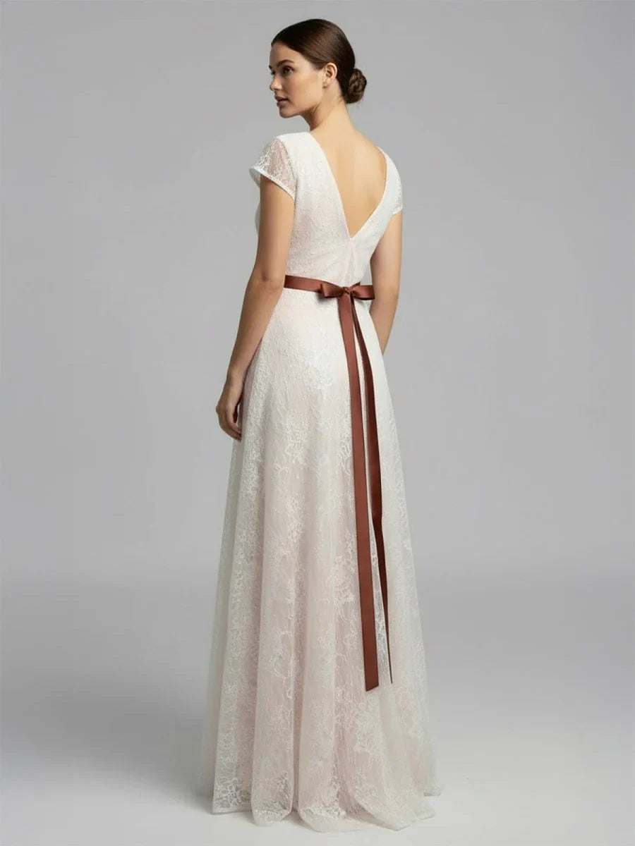 Short Sleeve V neck Pleated Long Lace Wedding Dress