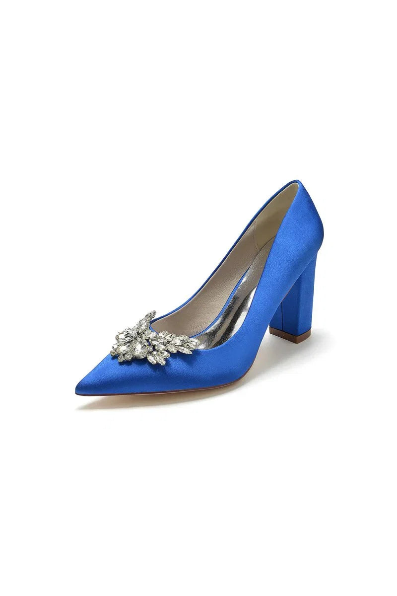 Satin Pointed Toe Slip on Chunky Heels With Rhinestone