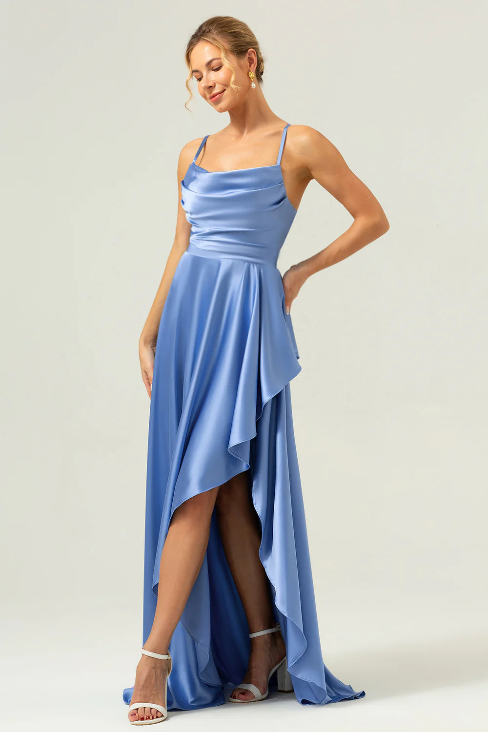 A Line Cowl Neck Satin Asymmetrical Ruffled Blue Bridesmaid Dress