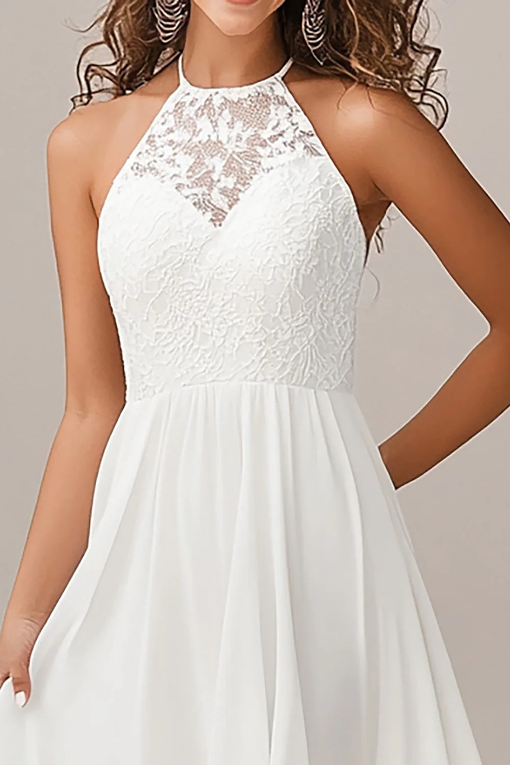 High Low White A Line Halter Wedding Dress With Lace