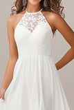 High Low White A Line Halter Wedding Dress With Lace