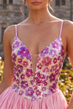 Pink Floral A Line Sequin Short Homecoming Dress
