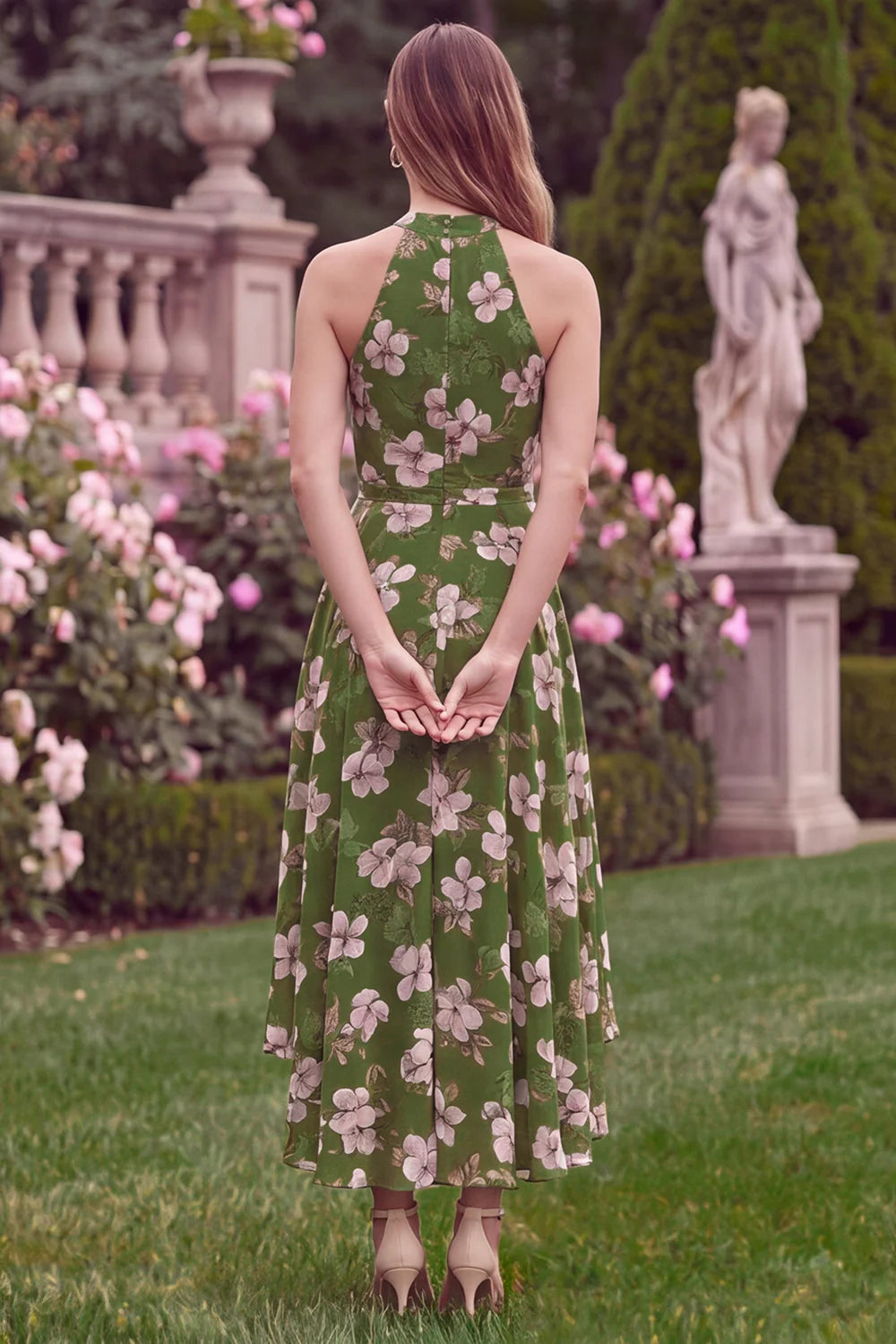 Halter Green Printed Flower A Line High Low Wedding Guest Dress