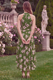 Halter Green Printed Flower A Line High Low Wedding Guest Dress