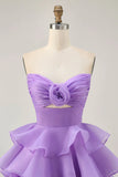 Tiered Cute A Line Strapless Cut Out Purple Homecoming Dress
