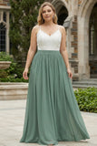 Eucalyptus Plus Size A Line Spaghetti Straps Pleated Long Bridesmaid Dress With Lace