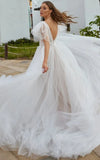 Casual Beach A Line Tulle Wedding Dress With V neck And Low V Back