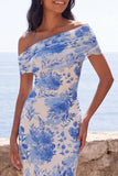 Blue Flower Off the Shoulder Wedding Guest Dress with Slit