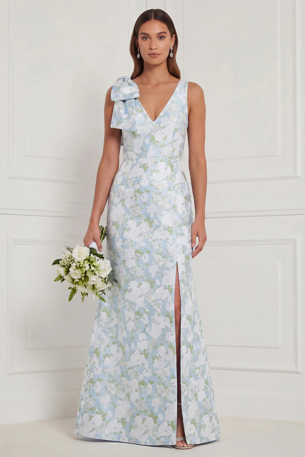 Blue White Flower V Neck Mermaid Bridesmaid Dress with Slit