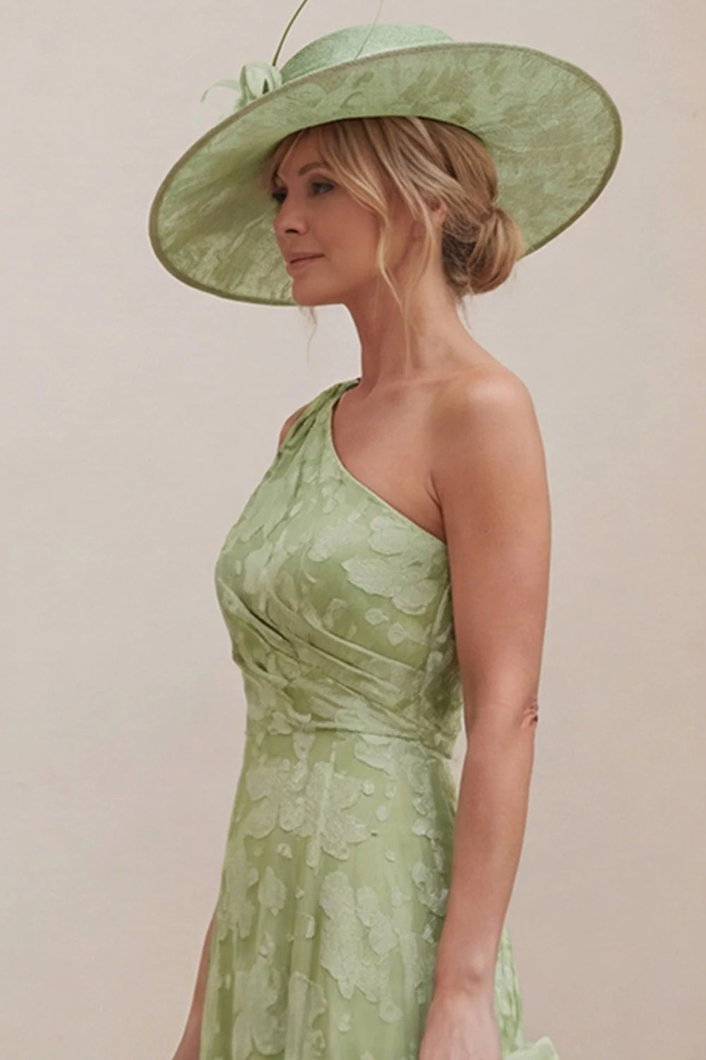 One Shoulder A Line Sage Green Floral Mother of the Bride Dress with Back Bow