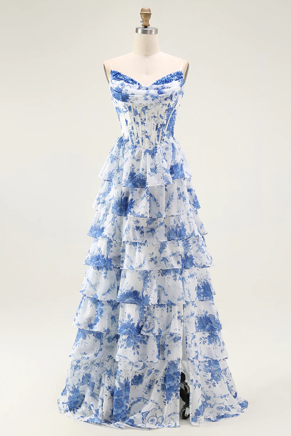 Strapless White Blue Flower A Line Tiered Corset Long Prom Dress with Slit