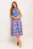 SOLANA MIDI DRESS BLUE PINK FLORAL HALTER DRESS
