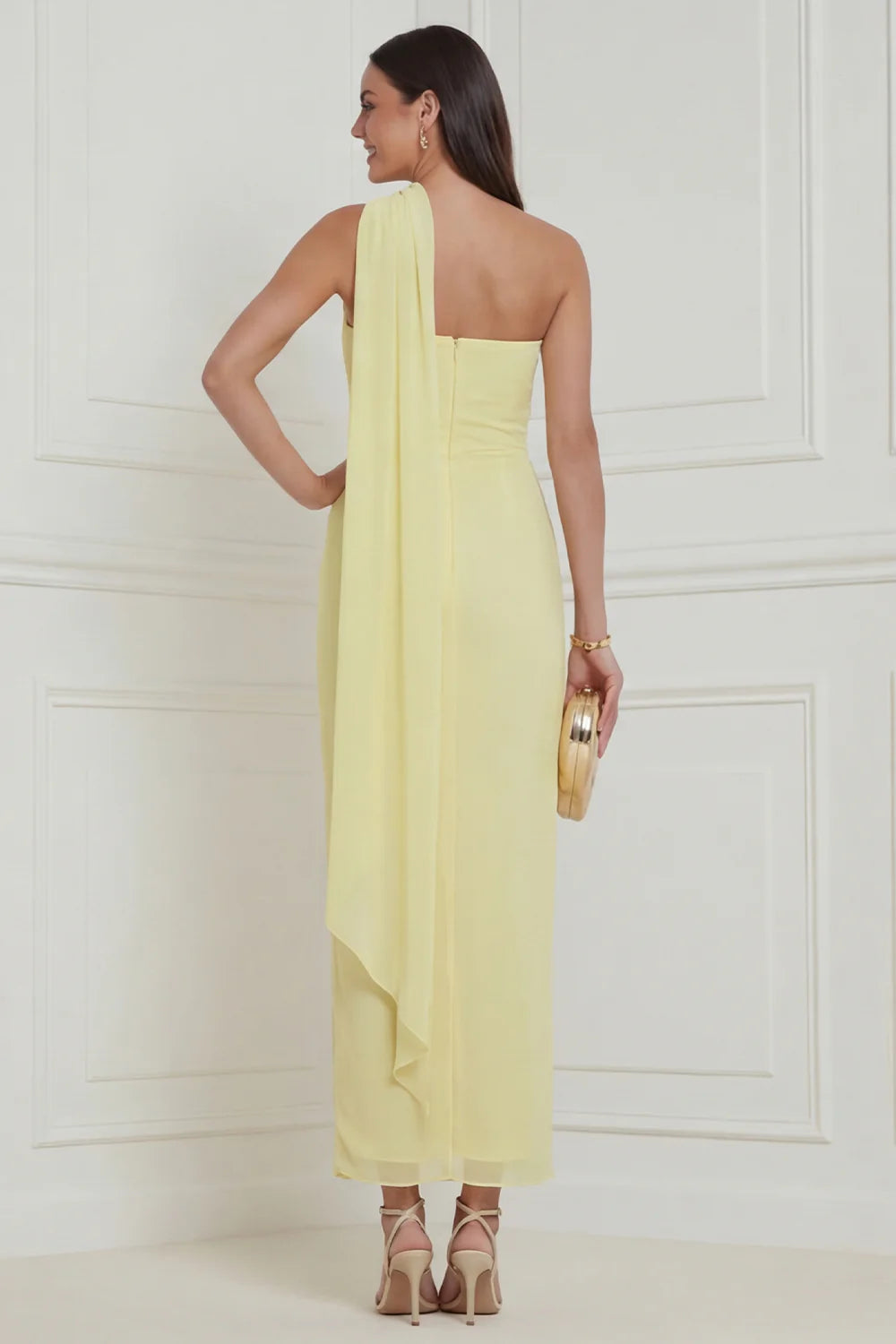 One Shoulder Sheath Daffodil Midi Wedding Guest Dress with 3D Flowers