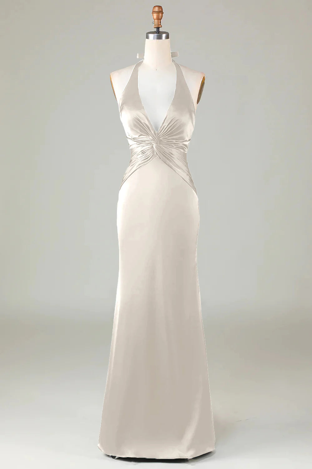 Blushing Pink Mermaid Halter V Neck Open Back Satin Ruched Long Bridesmaid Dress