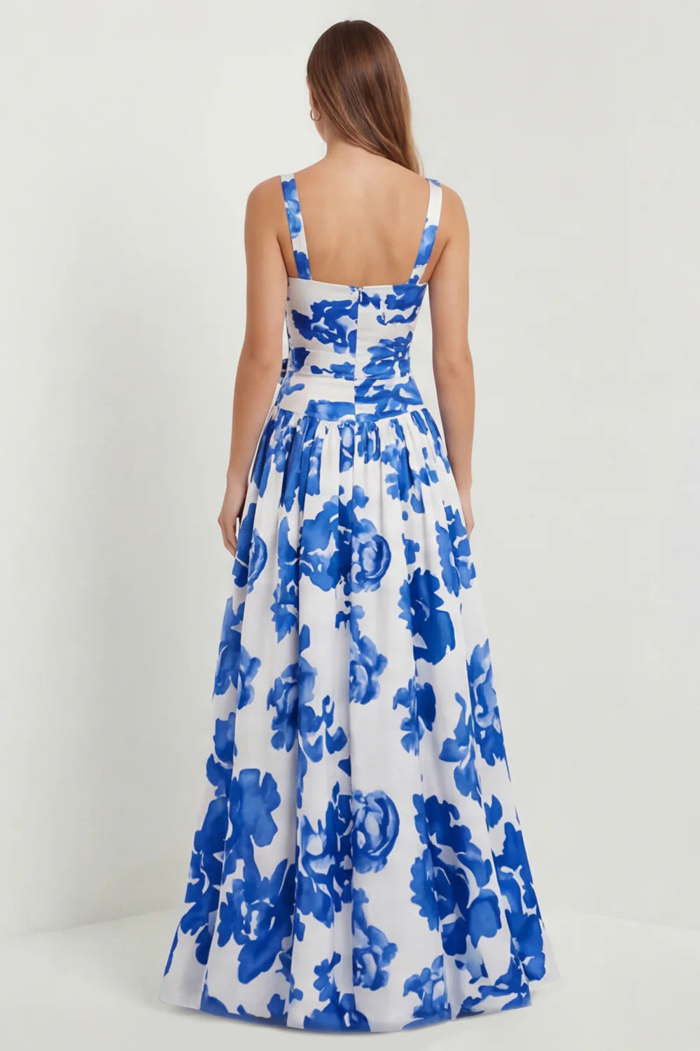 Floral Blue Printed A Line Square Neck Long Bridesmaid Dress with Slit