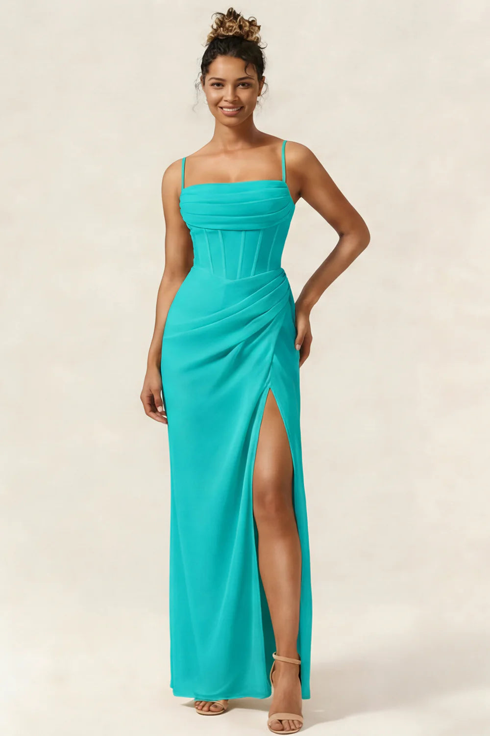 Green Flower Mermaid Corset Chiffon Long Bridesmaid Dress with Slit