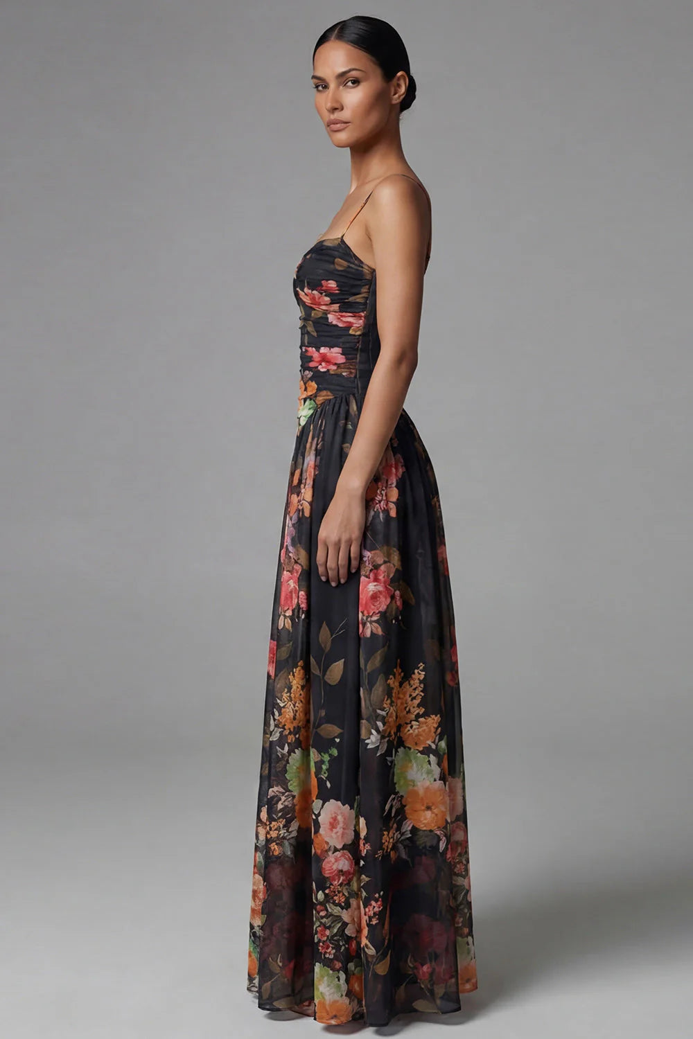 Black A Line Printed Ruched Long Formal Dress