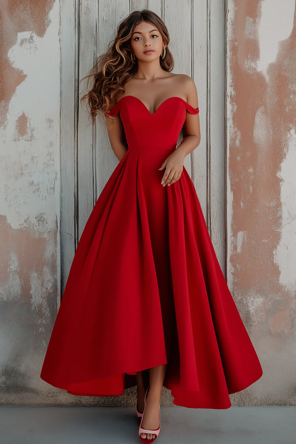 A Line Red Off The Shoulder Formal Dress