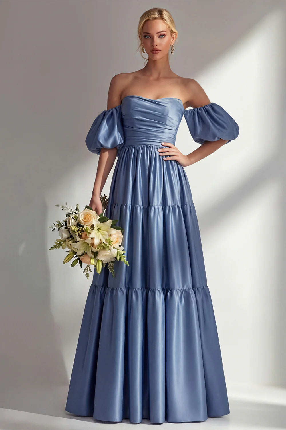 Off the Shoulder A Line Steel Blue Long Prom Dress with Removable Sleeves