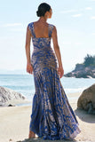Mermaid Off The Shoulder Ruched Burnout Velvet Grey Blue Maxi Bridesmaid Dress