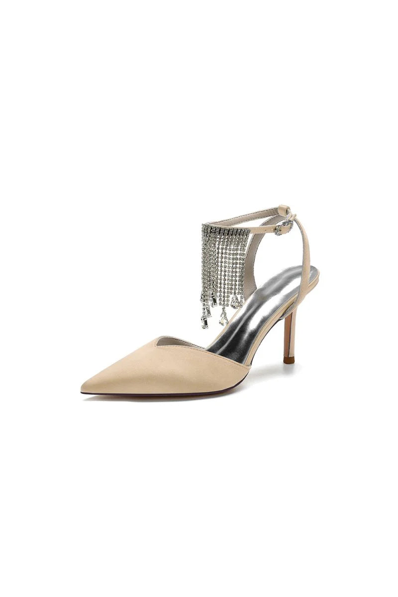 Pointed Toe Crystal Tassel Strap Heels
